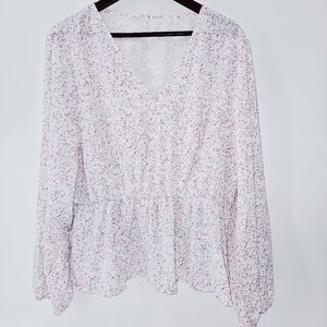 Women's 4XL Shein White Floral Print Pullover V-neck Gather Elastic Waist Top